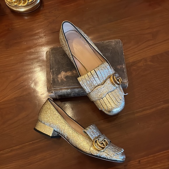 GUCCI Marmont Gold Mid Heel Loafer Fringe Metallic GG Logo - Picture 3 of 16